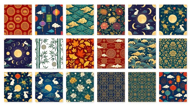 Mid-autumn festival seamless pattern collection with rabbits and moons, festival