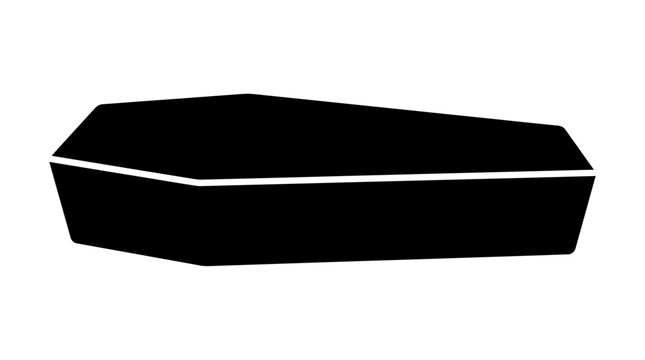 Halloween, Black coffin silhouette vector icon. Minimalist funeral casket symbol for burial services. Simple wooden coffin shape for Halloween or mourning design. Vector