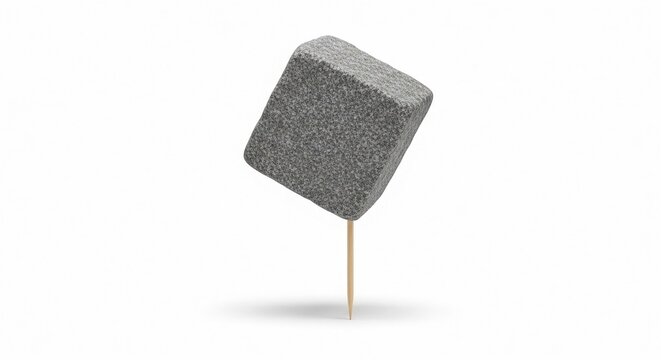 A rough granite stone cube mounted on a wooden toothpick, isolated on a white background