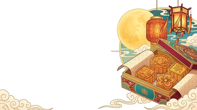 Mid autumn festival background with moon cakes and traditional lanterns