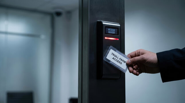 Access denied message on security card reader with hand holding access card showing social media disinformation concept