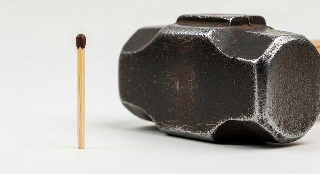 Massive sledgehammer tool contrasted with a single matchstick, highlighting extreme size difference in studio lighting.