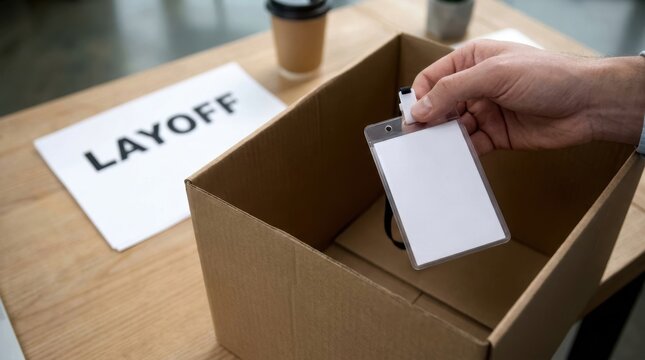 Tech Layoffs Forecast concepts. Person packing belongings into box after receiving layoff notice from work