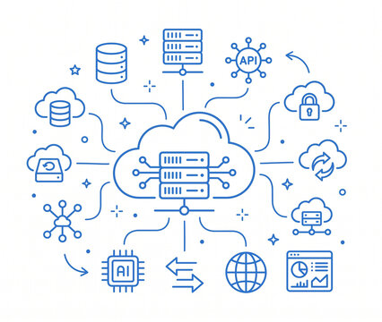 Cloud Server Data Center Line Art Concept with Cloud Storage, API Integration, AI Microchip, Network Security, Database, and Computing Icons