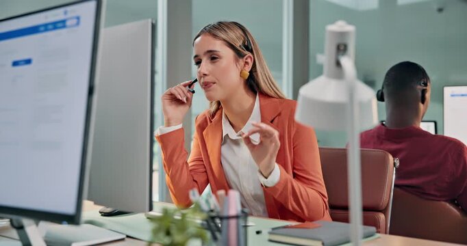 Help desk, woman and talk at computer in call center for network resolution, account access or FAQ. Coworking, tech support agent and mic for remote diagnostics, problem solving and customer service