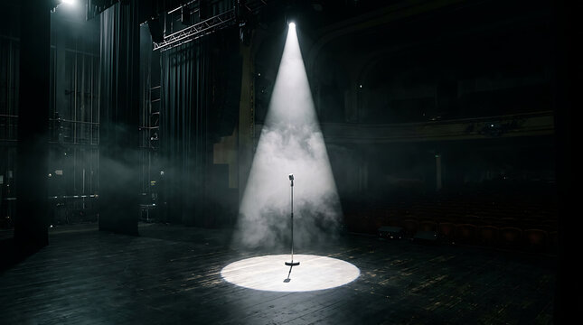 Bright spotlight on a microphone stand. Empty stage with dramatic smoke and lighting.