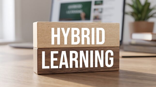 Hybrid learning text on wooden blocks, educational concept for remote and classroom study, modern home office workspace with laptop