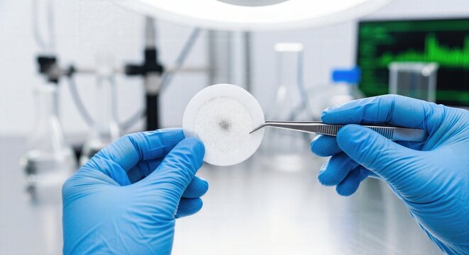 Atmospheric pollution green solutions technology concept showing laboratory research hands analyzing air filter particulate contamination representing innovation science clean future