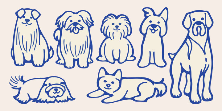 sketchy blue dogs line art on beige background