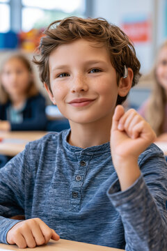 Portrait of smiling elementary student with hearing aid sitting at desk in classroom