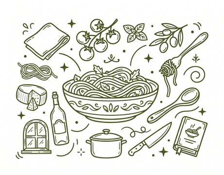 Italian Pasta Concept Line Art Vector with Spaghetti Bowl, Cherry Tomatoes, Cheese, Olive Oil, Fork, and Recipe Book Icons