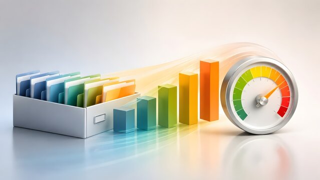 Optimized data organization for high business performance and efficiency, depicted by file folders, a rising bar chart, and dynamic speedometer.