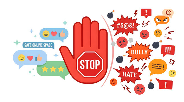 Red hand gesture stopping cyber bullying and toxic comments to create safe online space