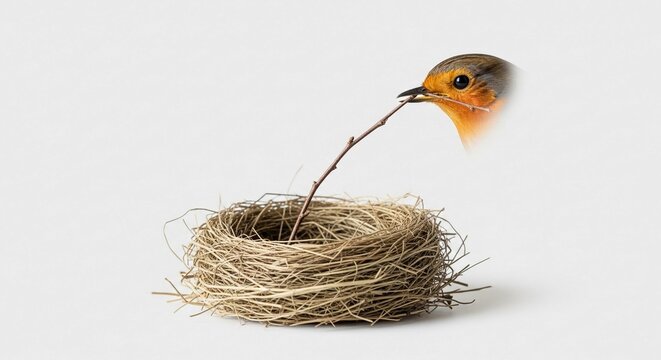 A small robin bird with an orange breast meticulously places a thin twig into its nest, showcasing nature's instinct for home building.