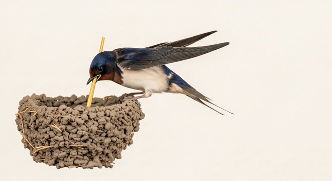 Barn swallow bird meticulously building its nest with straw material, showcasing natural instinct and dedication