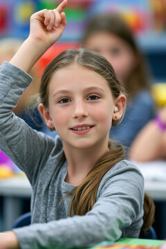 Happy student with hearing aid raising hand in classroom, eager to learn