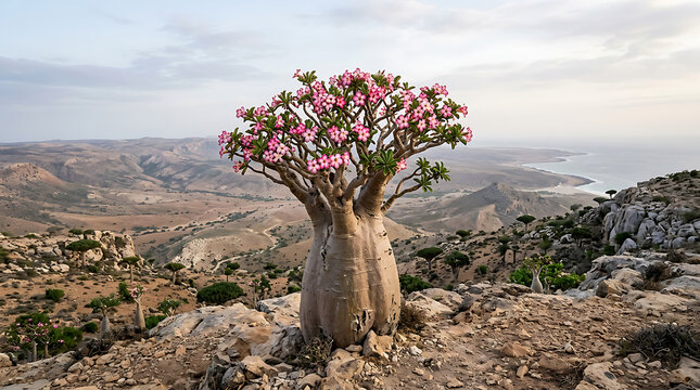 Unique Desert Rose Tree in Arid Mountain Landscape.