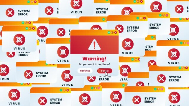 Computer error and virus alert popups filling screen, mouse click on cancel button removes all warnings, malware attack and cleanup for antivirus promo, transparent background with alpha channel