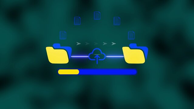 Cloud file transfer with yellow folders and progress bar