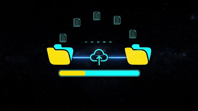 Digital file transfer with yellow folders and progress bar