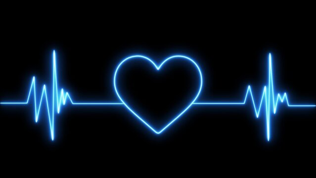 Glowing blue neon heartbeat ekg line on black background