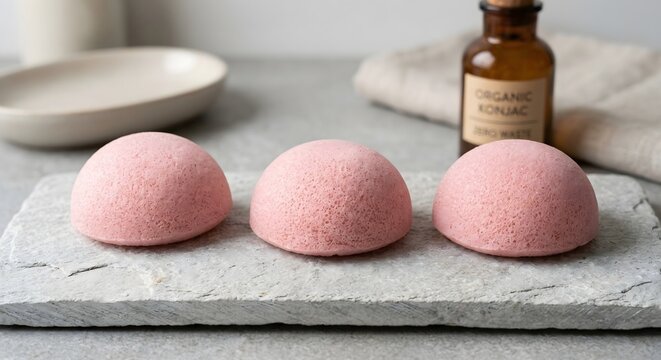 Organic matte pastel pink konjac facial sponges in half-sphere shapes