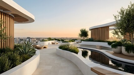 Fototapeta premium Modern Luxury Rooftop Garden and Terrace Design with Curved White Architectural Features Water Stream and City View at Sunset
