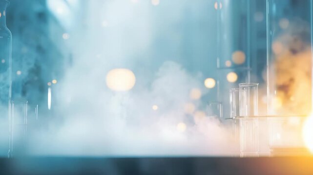 Innovative science laboratory with transparent glassware, steam, and ambient lighting, symbolizing advanced research. The scene evokes progress, discovery, and cutting edge technology