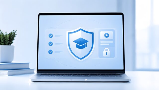 A laptop screen showcases a secure online education concept, with a graduation cap within a shield representing protected e-learning, certification, and academic success.