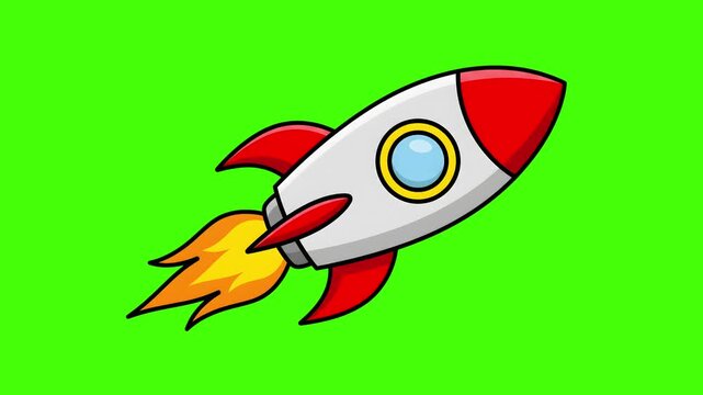 Cartoon rocket ship flying in space animation, vector illustration of a space shuttle with fire exhaust, isolated element for kids design
