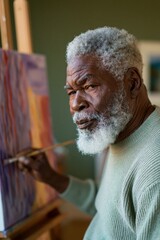 Obraz premium Elderly male artist painting on canvas in a sunlit studio contemplative portrait for poster background and creative hobby design