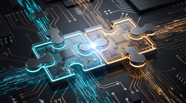 Enterprise system compatibility featuring interlocking glowing glass microchip puzzle pieces on dark circuit motherboard
