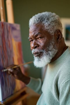Elderly male artist painting on canvas in a sunlit studio contemplative portrait for poster background and creative hobby design