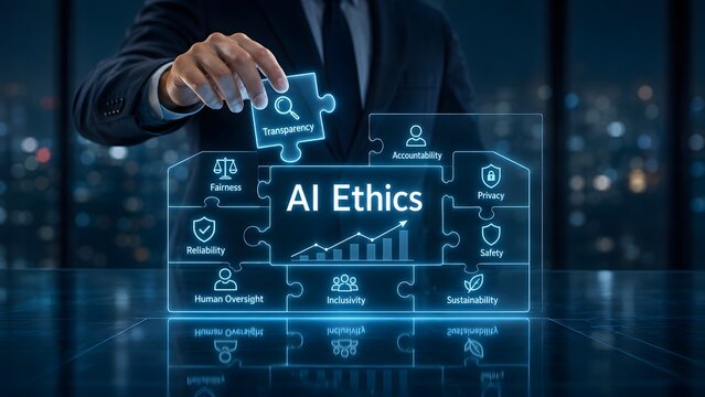 Businessman completes the AI Ethics puzzle with "Transparency," emphasizing critical principles like fairness, privacy, and accountability for responsible artificial intelligence development.