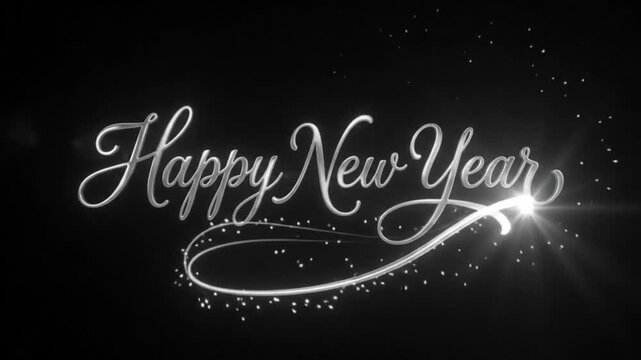 Elegant silver happy new year calligraphy text animation with glowing particles with animation appearing