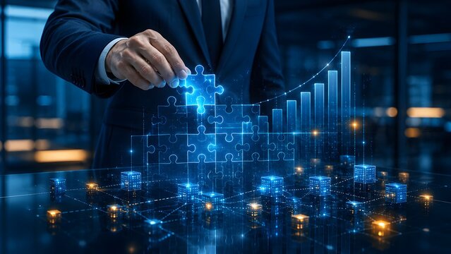 Businessman's hand places a glowing digital puzzle piece, completing the strategic solution for business growth, data integration, and achieving future success.