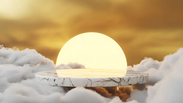White marble circular pedestal floating among soft clouds with a glowing golden sun sphere background, 3 d render display stage