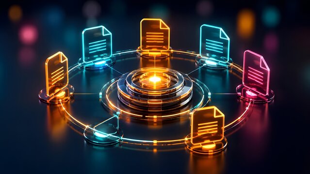 Centralized data sharing platform connecting multiple digital documents, showcasing efficient information flow, secure file transfer, and modern technology in action.