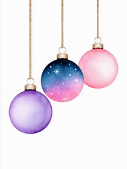 Obraz premium Ornament bauble Christmas watercolor hand drawn texture rope pink purple ball hanging on white background for festive craft design