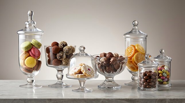 Assorted colorful candy and sweet macaron cookies inside clear glass jars and decorative display bowls. glass treat holders