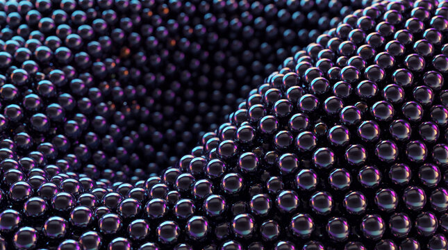 Deep valley of glossy chrome spheres with violet reflections