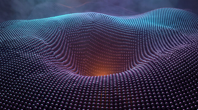 Beaded chandelier of metallic spheres draped from a gallery ceiling