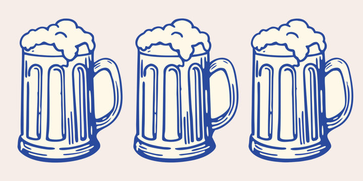 beer mugs trio line art illustration beverage