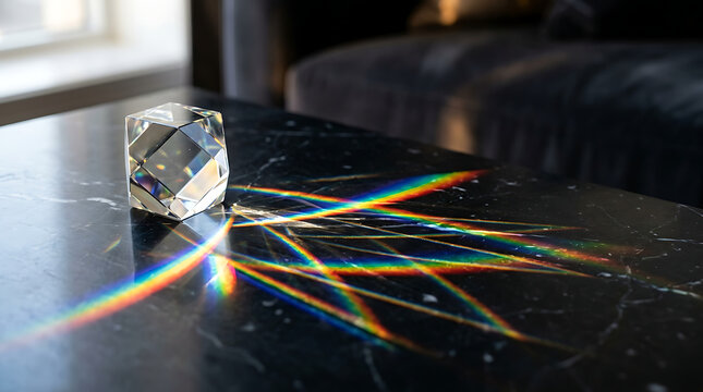 Crystal prism casting rainbow light. Glass cube refracting spectrum on dark marble table.