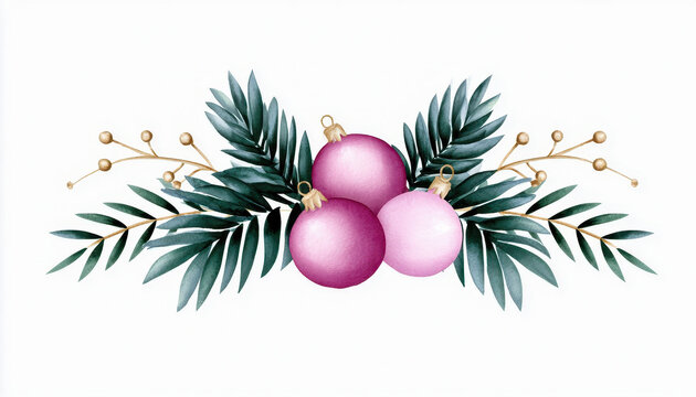 Watercolor ornament leaf tropical pink gold berry holiday hand drawn craft frame with festive bauble, palm foliage, white background