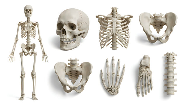 Human skeletal anatomy models including a full skeleton, skull, rib cage, and pelvic bones are arranged on a white background for educational study.