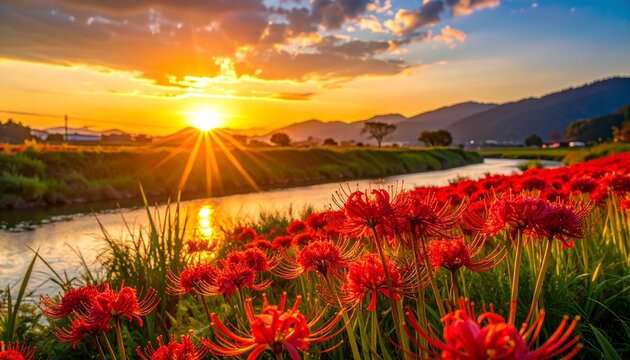 Field of red spider lilies by a river at golden sunset, dramatic Japanese autumn scenery