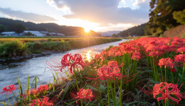 Red spider lilies along a river at sunrise with mountains, Japanese autumn landscape