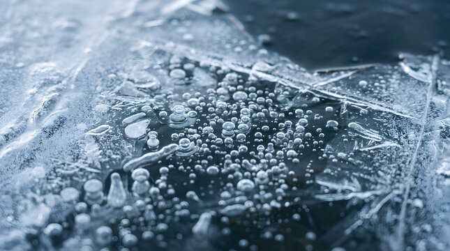 Air bubbles trapped in frozen ice surface close-up texture
