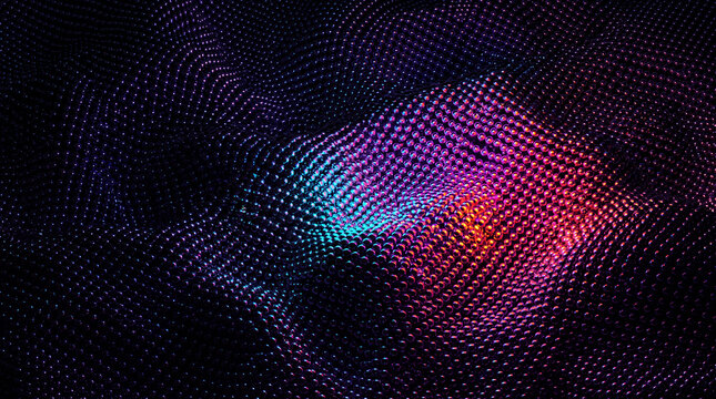 Converging canyon of teal and magenta metallic spheres